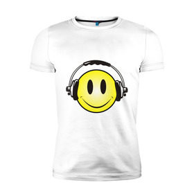 Мужская футболка премиум с принтом Смайл в наушниках (2) в Тюмени, 92% хлопок, 8% лайкра | приталенный силуэт, круглый вырез ворота, длина до линии бедра, короткий рукав | Тематика изображения на принте: smile | смайл | смайлик | улыбка | шаушники
