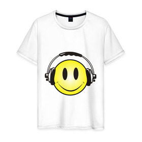 Мужская футболка хлопок с принтом Смайл в наушниках (2) в Тюмени, 100% хлопок | прямой крой, круглый вырез горловины, длина до линии бедер, слегка спущенное плечо. | Тематика изображения на принте: smile | смайл | смайлик | улыбка | шаушники