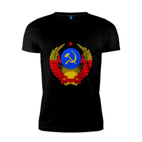 Мужская футболка премиум с принтом СССР (5) в Тюмени, 92% хлопок, 8% лайкра | приталенный силуэт, круглый вырез ворота, длина до линии бедра, короткий рукав | герб | коммунизм | молот | серп | советский | союз | ссср