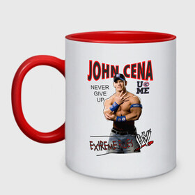 Кружка двухцветная с принтом John Cena Extreme Rules в Тюмени, керамика | объем — 330 мл, диаметр — 80 мм. Цветная ручка и кайма сверху, в некоторых цветах — вся внутренняя часть | Тематика изображения на принте: джон сина