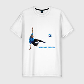 Мужская футболка премиум с принтом Roberto Carlos(2) в Тюмени, 92% хлопок, 8% лайкра | приталенный силуэт, круглый вырез ворота, длина до линии бедра, короткий рукав | Тематика изображения на принте: анжи