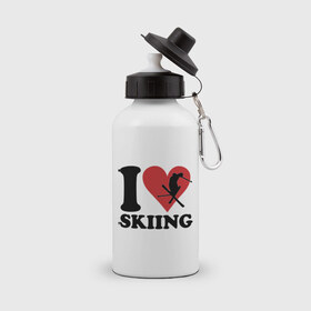 Бутылка спортивная с принтом I love skiing - Я люблю кататься на лыжах в Тюмени, металл | емкость — 500 мл, в комплекте две пластиковые крышки и карабин для крепления | i love | love skiing | зима | зимние виды спорта | каткться | лыжи | лыжник | люблю лыжи