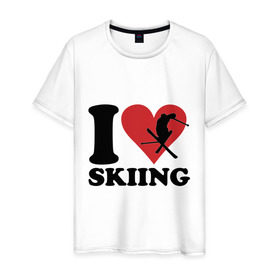 Мужская футболка хлопок с принтом I love skiing - Я люблю кататься на лыжах в Тюмени, 100% хлопок | прямой крой, круглый вырез горловины, длина до линии бедер, слегка спущенное плечо. | Тематика изображения на принте: i love | love skiing | зима | зимние виды спорта | каткться | лыжи | лыжник | люблю лыжи