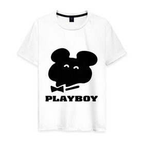 Мужская футболка хлопок с принтом Playboy mishka в Тюмени, 100% хлопок | прямой крой, круглый вырез горловины, длина до линии бедер, слегка спущенное плечо. | mishka | playboy | медведь | мишка | олимпиада 80 | олимпийский мишка | плейбой