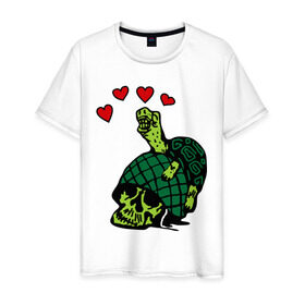 Мужская футболка хлопок с принтом Turtle `s Love в Тюмени, 100% хлопок | прямой крой, круглый вырез горловины, длина до линии бедер, слегка спущенное плечо. | turtles love | каска | любовь | черепаха | черепашка | черепашки