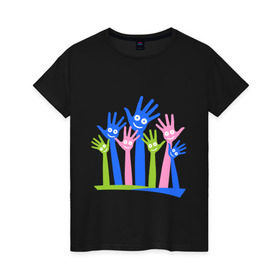 Женская футболка хлопок с принтом Hands Up в Тюмени, 100% хлопок | прямой крой, круглый вырез горловины, длина до линии бедер, слегка спущенное плечо | glow | hands | up | вверх | руки | светяться | светящиеся | стетиться