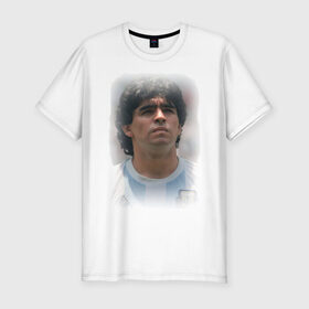 Мужская футболка премиум с принтом Diego Maradona (2) в Тюмени, 92% хлопок, 8% лайкра | приталенный силуэт, круглый вырез ворота, длина до линии бедра, короткий рукав | diego maradona | footballplayer | болельщикам | диего марадона | евро 2012 | футбол | футболист