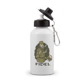 Бутылка спортивная с принтом Fidel Castro - Фидель Кастро в Тюмени, металл | емкость — 500 мл, в комплекте две пластиковые крышки и карабин для крепления | Тематика изображения на принте: castro | cuba | fidel | кастро | куба | лидер | фидель