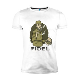 Мужская футболка премиум с принтом Fidel Castro - Фидель Кастро в Тюмени, 92% хлопок, 8% лайкра | приталенный силуэт, круглый вырез ворота, длина до линии бедра, короткий рукав | Тематика изображения на принте: castro | cuba | fidel | кастро | куба | лидер | фидель