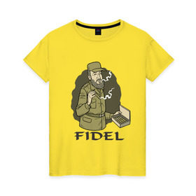 Женская футболка хлопок с принтом Fidel Castro - Фидель Кастро в Тюмени, 100% хлопок | прямой крой, круглый вырез горловины, длина до линии бедер, слегка спущенное плечо | Тематика изображения на принте: castro | cuba | fidel | кастро | куба | лидер | фидель