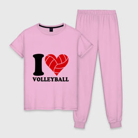 Женская пижама хлопок с принтом I love volleyball - Я люблю волейбол в Тюмени, 100% хлопок | брюки и футболка прямого кроя, без карманов, на брюках мягкая резинка на поясе и по низу штанин | Тематика изображения на принте: волейбол