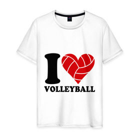 Мужская футболка хлопок с принтом I love volleyball - Я люблю волейбол в Тюмени, 100% хлопок | прямой крой, круглый вырез горловины, длина до линии бедер, слегка спущенное плечо. | Тематика изображения на принте: волейбол
