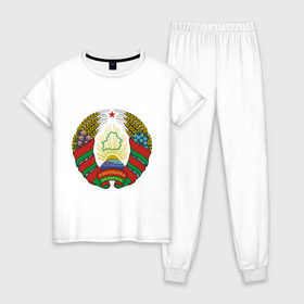 Женская пижама хлопок с принтом Белоруссия герб в Тюмени, 100% хлопок | брюки и футболка прямого кроя, без карманов, на брюках мягкая резинка на поясе и по низу штанин | Тематика изображения на принте: белоруссия | герб | государство | минск | республика | символ | снг | страна