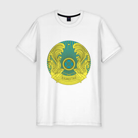 Мужская футболка премиум с принтом Казахстан герб в Тюмени, 92% хлопок, 8% лайкра | приталенный силуэт, круглый вырез ворота, длина до линии бедра, короткий рукав | герб | государство | казахстан | символ | снг | страна