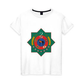 Женская футболка хлопок с принтом Туркмения герб в Тюмени, 100% хлопок | прямой крой, круглый вырез горловины, длина до линии бедер, слегка спущенное плечо | герб | государство | символ | снг | страна | туркмения