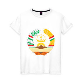 Женская футболка хлопок с принтом Таджикистан герб в Тюмени, 100% хлопок | прямой крой, круглый вырез горловины, длина до линии бедер, слегка спущенное плечо | герб | государство | символ | снг | страна | таджикинстан