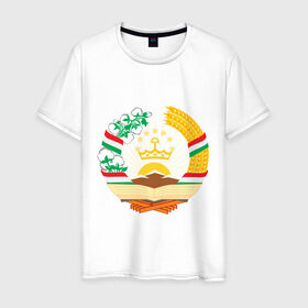 Мужская футболка хлопок с принтом Таджикистан герб в Тюмени, 100% хлопок | прямой крой, круглый вырез горловины, длина до линии бедер, слегка спущенное плечо. | герб | государство | символ | снг | страна | таджикинстан
