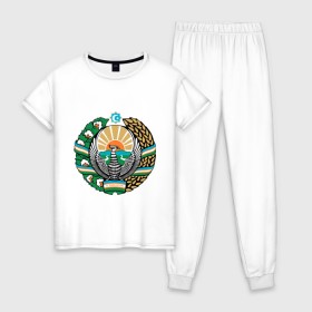 Женская пижама хлопок с принтом Узбекистан герб в Тюмени, 100% хлопок | брюки и футболка прямого кроя, без карманов, на брюках мягкая резинка на поясе и по низу штанин | герб | государство | символ | снг | страна | узбекистан