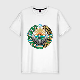 Мужская футболка премиум с принтом Узбекистан герб в Тюмени, 92% хлопок, 8% лайкра | приталенный силуэт, круглый вырез ворота, длина до линии бедра, короткий рукав | герб | государство | символ | снг | страна | узбекистан