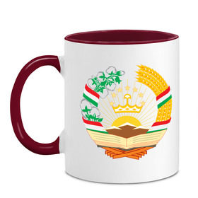 Кружка двухцветная с принтом Таджикистан герб в Тюмени, керамика | объем — 330 мл, диаметр — 80 мм. Цветная ручка и кайма сверху, в некоторых цветах — вся внутренняя часть | политические | таджикистан герб | таджиксткий