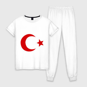 Женская пижама хлопок с принтом Турция в Тюмени, 100% хлопок | брюки и футболка прямого кроя, без карманов, на брюках мягкая резинка на поясе и по низу штанин | turkey | полумесяц | турция | флаги