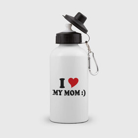 Бутылка спортивная с принтом I love my mom в Тюмени, металл | емкость — 500 мл, в комплекте две пластиковые крышки и карабин для крепления | i love | дети | для мамы | любимая мама | мама | маме | мамочка | мамуля | ребенок | родители | сердечко | сердце | я люблю маму