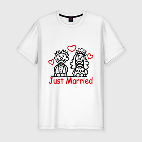 Мужская футболка премиум с принтом Just married (Молодожены) в Тюмени, 92% хлопок, 8% лайкра | приталенный силуэт, круглый вырез ворота, длина до линии бедра, короткий рукав | just married | джаст мэрид | жених | молодоженам | молодожены | невеста | свадьба