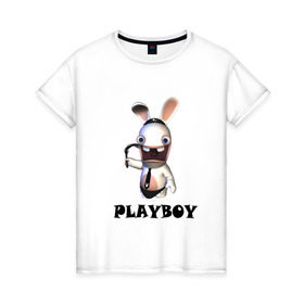Женская футболка хлопок с принтом Плейбой (2) в Тюмени, 100% хлопок | прямой крой, круглый вырез горловины, длина до линии бедер, слегка спущенное плечо | playboy | зайчик | заяц | плейбой