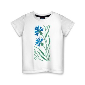 Детская футболка хлопок с принтом Василек-вышивка в Тюмени, 100% хлопок | круглый вырез горловины, полуприлегающий силуэт, длина до линии бедер | Тематика изображения на принте: василек | вышивать | вышивка | крестик | крестиком | цветок | цветочки | цветы