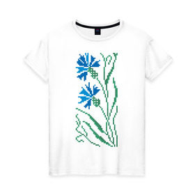 Женская футболка хлопок с принтом Василек-вышивка в Тюмени, 100% хлопок | прямой крой, круглый вырез горловины, длина до линии бедер, слегка спущенное плечо | василек | вышивать | вышивка | крестик | крестиком | цветок | цветочки | цветы