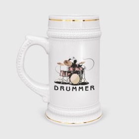 Кружка пивная с принтом Drummer в Тюмени,  керамика (Материал выдерживает высокую температуру, стоит избегать резкого перепада температур) |  объем 630 мл | dnb | drummer | барабанщик | барабаны | драм н басс | драммер | драмнбас | ударник | ударные