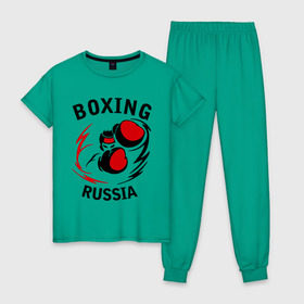 Женская пижама хлопок с принтом Boxing russia forever в Тюмени, 100% хлопок | брюки и футболка прямого кроя, без карманов, на брюках мягкая резинка на поясе и по низу штанин | 