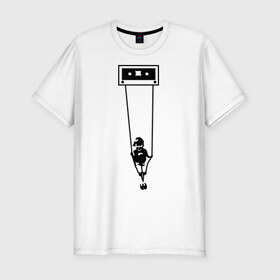 Мужская футболка премиум с принтом Девочка катается на ленте в Тюмени, 92% хлопок, 8% лайкра | приталенный силуэт, круглый вырез ворота, длина до линии бедра, короткий рукав | кассета | катушка | качели | лента | музыка | пленка