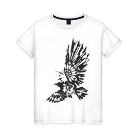 Женская футболка хлопок с принтом Ворон (2) в Тюмени, 100% хлопок | прямой крой, круглый вырез горловины, длина до линии бедер, слегка спущенное плечо | trible | ворон | графика | птица | рисунок | трайблы | узоры