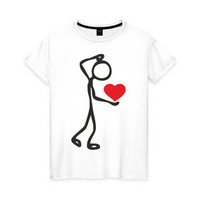 Женская футболка хлопок с принтом Человечек с сердцем (2) в Тюмени, 100% хлопок | прямой крой, круглый вырез горловины, длина до линии бедер, слегка спущенное плечо | влюбленный | сердечко в руках | сердце | сердце в руках | человечек