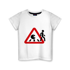Детская футболка хлопок с принтом Хищный pacman в Тюмени, 100% хлопок | круглый вырез горловины, полуприлегающий силуэт, длина до линии бедер | pacman | голодный колобок.пэкмен | дорожные знаки | пакмен | пешеход