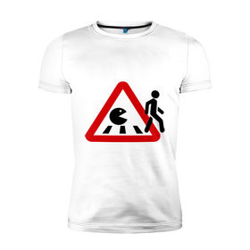 Мужская футболка премиум с принтом Хищный pacman в Тюмени, 92% хлопок, 8% лайкра | приталенный силуэт, круглый вырез ворота, длина до линии бедра, короткий рукав | pacman | голодный колобок.пэкмен | дорожные знаки | пакмен | пешеход