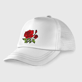 Детская кепка тракер с принтом Роза в Тюмени, Козырек - 100% хлопок. Кепка - 100% полиэстер, Задняя часть - сетка | универсальный размер, пластиковая застёжка | красная роза | роза | розочка | цветок | цветы