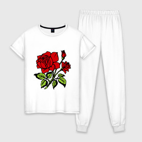 Женская пижама хлопок с принтом Роза в Тюмени, 100% хлопок | брюки и футболка прямого кроя, без карманов, на брюках мягкая резинка на поясе и по низу штанин | красная роза | роза | розочка | цветок | цветы
