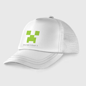 Детская кепка тракер с принтом Minecraft logo grey (3) в Тюмени, Козырек - 100% хлопок. Кепка - 100% полиэстер, Задняя часть - сетка | универсальный размер, пластиковая застёжка | крипер
