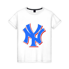 Женская футболка хлопок с принтом NY Yankees blue в Тюмени, 100% хлопок | прямой крой, круглый вырез горловины, длина до линии бедер, слегка спущенное плечо | baseball | major league basebal | mlb | ny | staten island | yankees | америка | бейсбол | бита | главная лига бейсбола | нью йорк янкиз | статен айленд | сша | янки