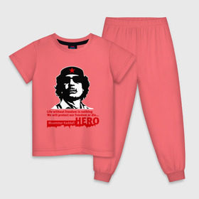 Детская пижама хлопок с принтом Kaddafi hero в Тюмени, 100% хлопок |  брюки и футболка прямого кроя, без карманов, на брюках мягкая резинка на поясе и по низу штанин
 | Тематика изображения на принте: kadafi | kaddafi | кадафи | каддафи | муамар каддафи