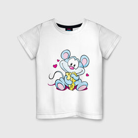 Детская футболка хлопок с принтом Влюбленный в сыр мышенок (2) в Тюмени, 100% хлопок | круглый вырез горловины, полуприлегающий силуэт, длина до линии бедер | мышка | мышонок | мышь | сыр