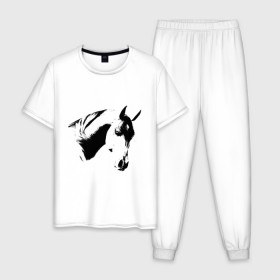 Мужская пижама хлопок с принтом Лошадь черно-белая (5) в Тюмени, 100% хлопок | брюки и футболка прямого кроя, без карманов, на брюках мягкая резинка на поясе и по низу штанин
 | конь | лошадка | лошадь | лошадь черно белая