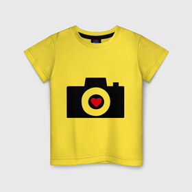 Детская футболка хлопок с принтом Фотоаппарат с сердцем в Тюмени, 100% хлопок | круглый вырез горловины, полуприлегающий силуэт, длина до линии бедер | Тематика изображения на принте: foto | photo | камера | объектив | сердечко | сердце | снимать | снимок | съемка | фотик | фото | фотоапарат | фотоаппарат | фотограф | фотокамера