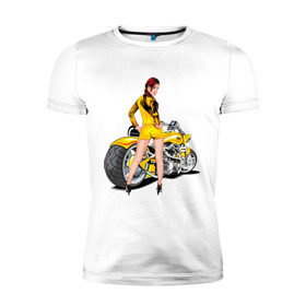 Мужская футболка премиум с принтом The excellent bike & sexy girl (2) в Тюмени, 92% хлопок, 8% лайкра | приталенный силуэт, круглый вырез ворота, длина до линии бедра, короткий рукав | байк | девушка | для байкеров | красивая девушка | мото | мотоцикл | супер мотоцикл | супермотоцикл