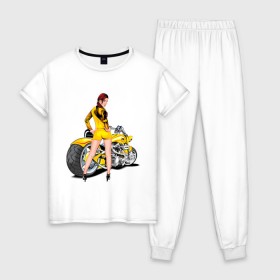 Женская пижама хлопок с принтом The excellent bike & sexy girl (2) в Тюмени, 100% хлопок | брюки и футболка прямого кроя, без карманов, на брюках мягкая резинка на поясе и по низу штанин | байк | девушка | для байкеров | красивая девушка | мото | мотоцикл | супер мотоцикл | супермотоцикл