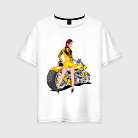 Женская футболка хлопок Oversize с принтом The excellent bike & sexy girl (2) в Тюмени, 100% хлопок | свободный крой, круглый ворот, спущенный рукав, длина до линии бедер
 | байк | девушка | для байкеров | красивая девушка | мото | мотоцикл | супер мотоцикл | супермотоцикл