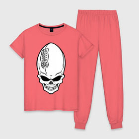 Женская пижама хлопок с принтом Skull-ball в Тюмени, 100% хлопок | брюки и футболка прямого кроя, без карманов, на брюках мягкая резинка на поясе и по низу штанин | american football | regbi | skull ball | американский футбол | регби | череп