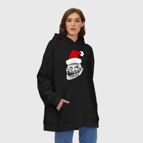 Худи SuperOversize хлопок с принтом Trollface в колпаке в Тюмени, 70% хлопок, 30% полиэстер, мягкий начес внутри | карман-кенгуру, эластичная резинка на манжетах и по нижней кромке, двухслойный капюшон
 | troll face | колпак | новогодний | новый год | рожа | тролл фейс | тролль | тролфейс | троль